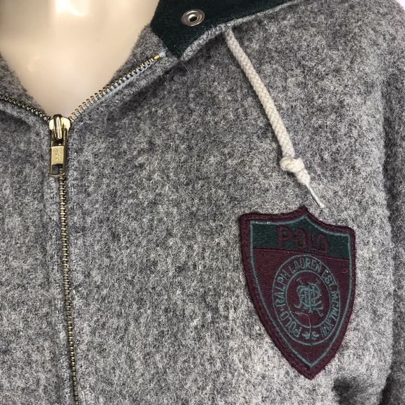 Ralph Lauren Wool Jacket Size M Gray Varsity Crest Patch Badge Zip Hooded Pocket - Picture 2 of 12